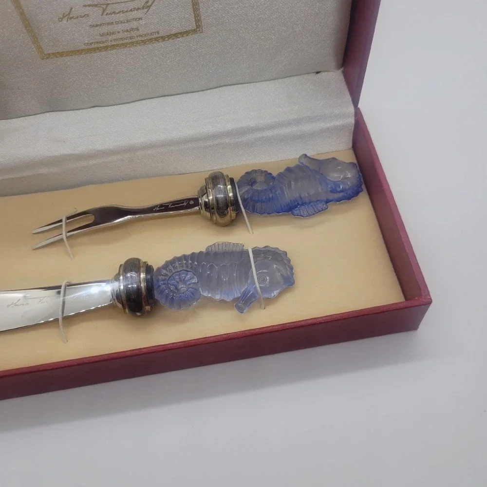 Hans Turnwald Marine Life Seahorse Spreader and Food Pick Set Silver Plated Blue